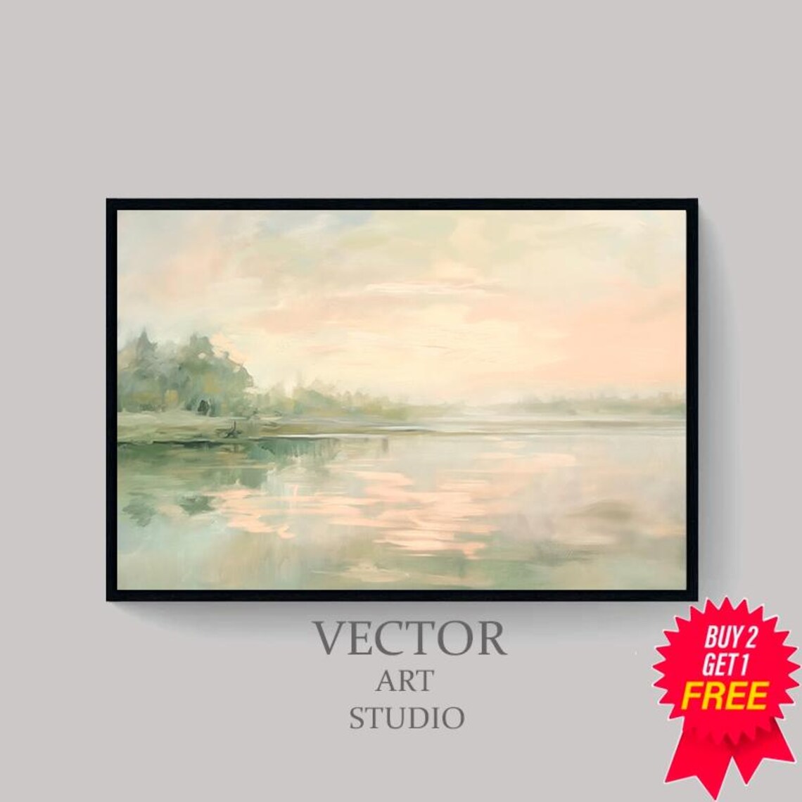 Pastel Abstract Lake At Sunset In Pink Mint And Peach Tones Art Poster - Image 4