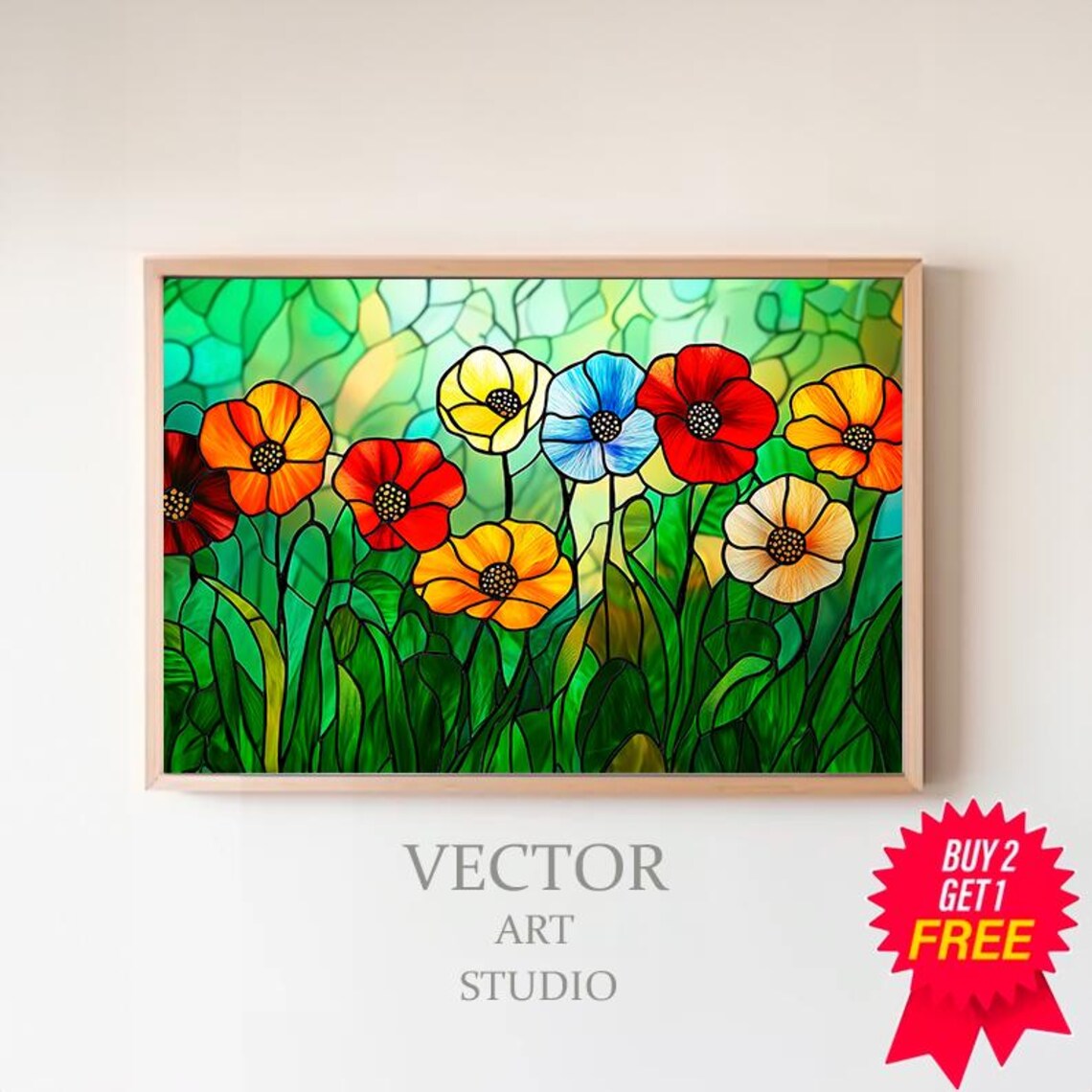 Stained Glass Poppies On A Green Background Floral Art Poster