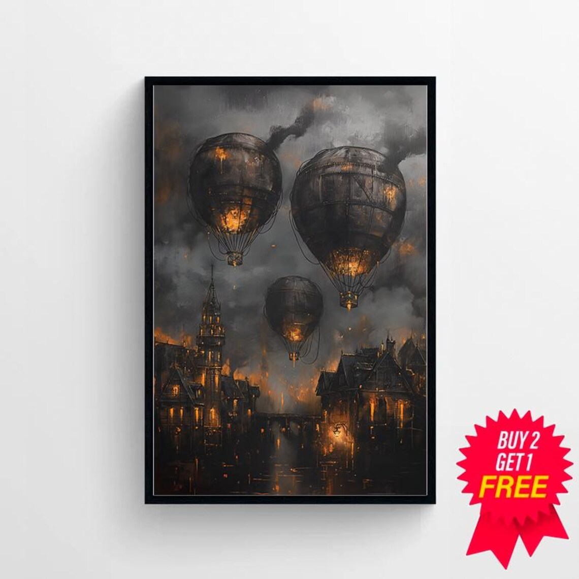 Glowing Steampunk Hot Air Balloon Trio Over Dusk City Poster - Image 4