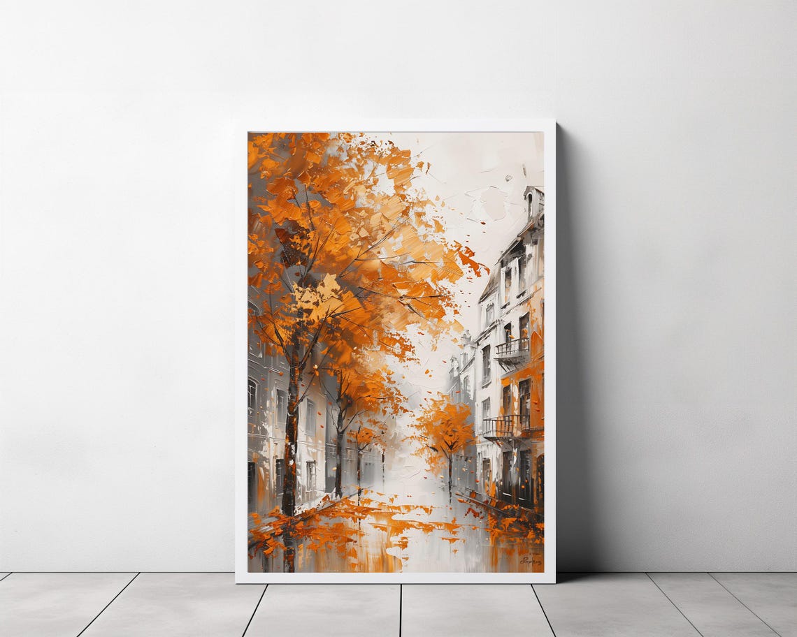 Rainy Autumn City Street Lined with Glowing Orange Trees Poster - Image 3