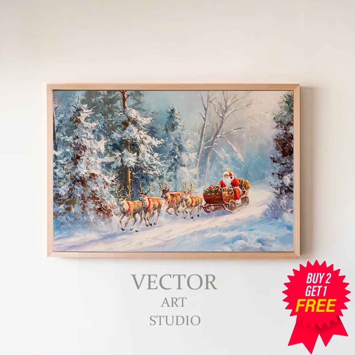 Santa Sleigh With Reindeer In Snowy Forest Christmas Wall Art