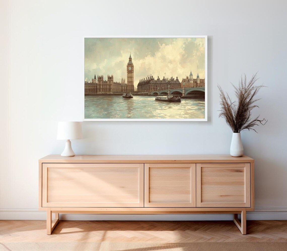 Big Ben and Westminster Bridge on the Thames Vintage London Poster - Image 2