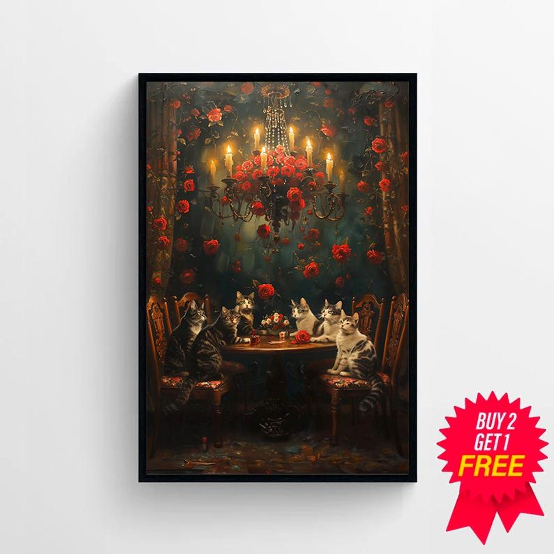 Cats Seated Around a Table Under a Rose Candelabra Chandelier Poster - Image 4