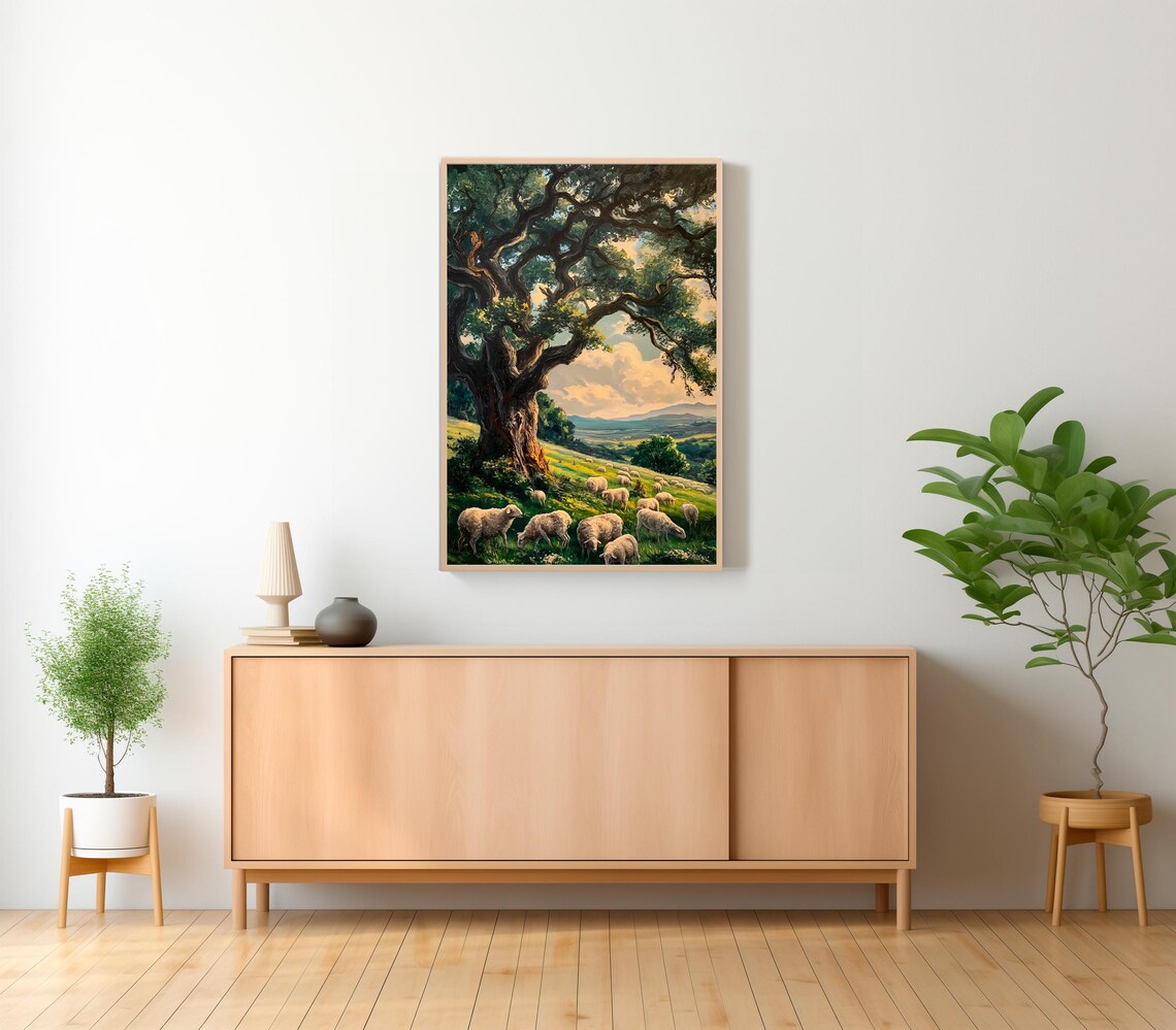Sheep In Forest Spring Painting, Vintage Farmhouse Decor - Image 2