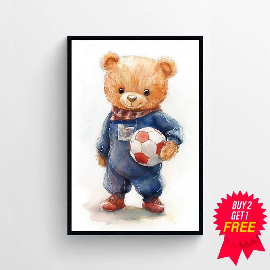 Teddy Bear in Blue Overalls Holding a Red Soccer Ball Poster - Image 4