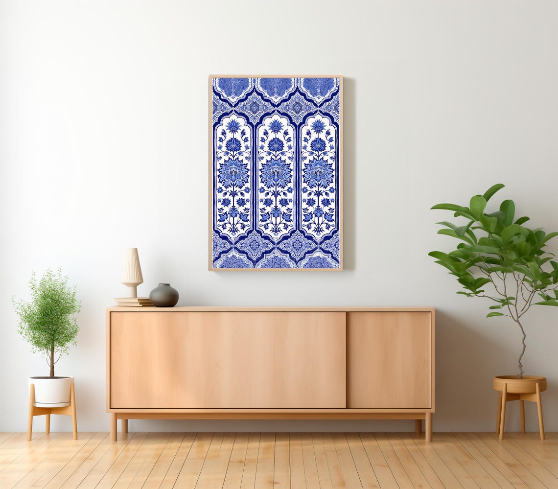 Royal Blue and White Indian Mughal Floral Arch Pattern Poster - Image 2