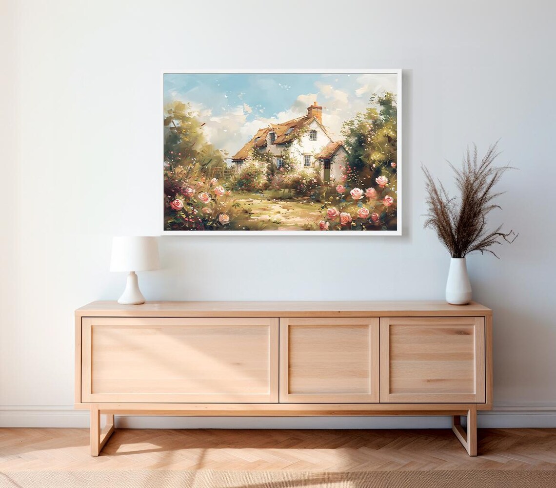 White Cottage With Blooming Roses In Summer Garden Oil Painting Poster - Image 2