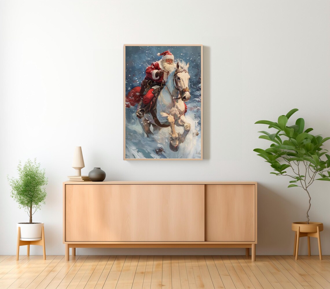 Santa Claus Riding a Galloping White Horse through a Snowstorm Poster - Image 2