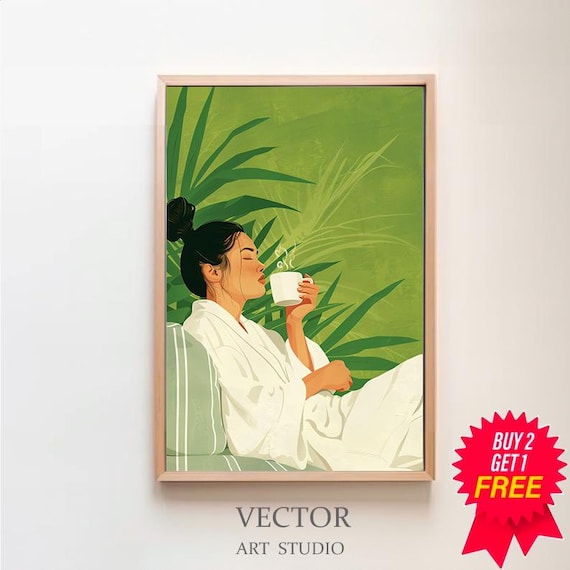 Emerald Green Abstract People Large Wall Art Contemporary Artwork Minimalist Print Coffee Lover Wall Art Stripe Woman Print