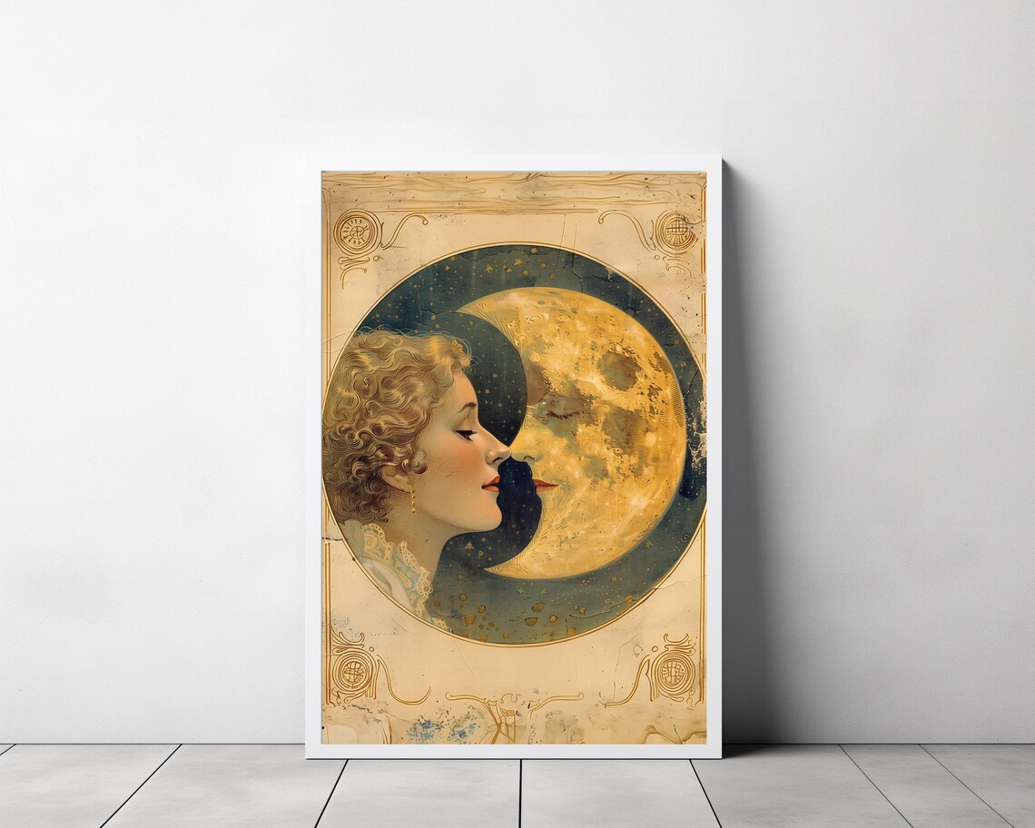 Woman Kissing the Golden Moon Vintage Celestial Art Nouveau Poster - Image 3