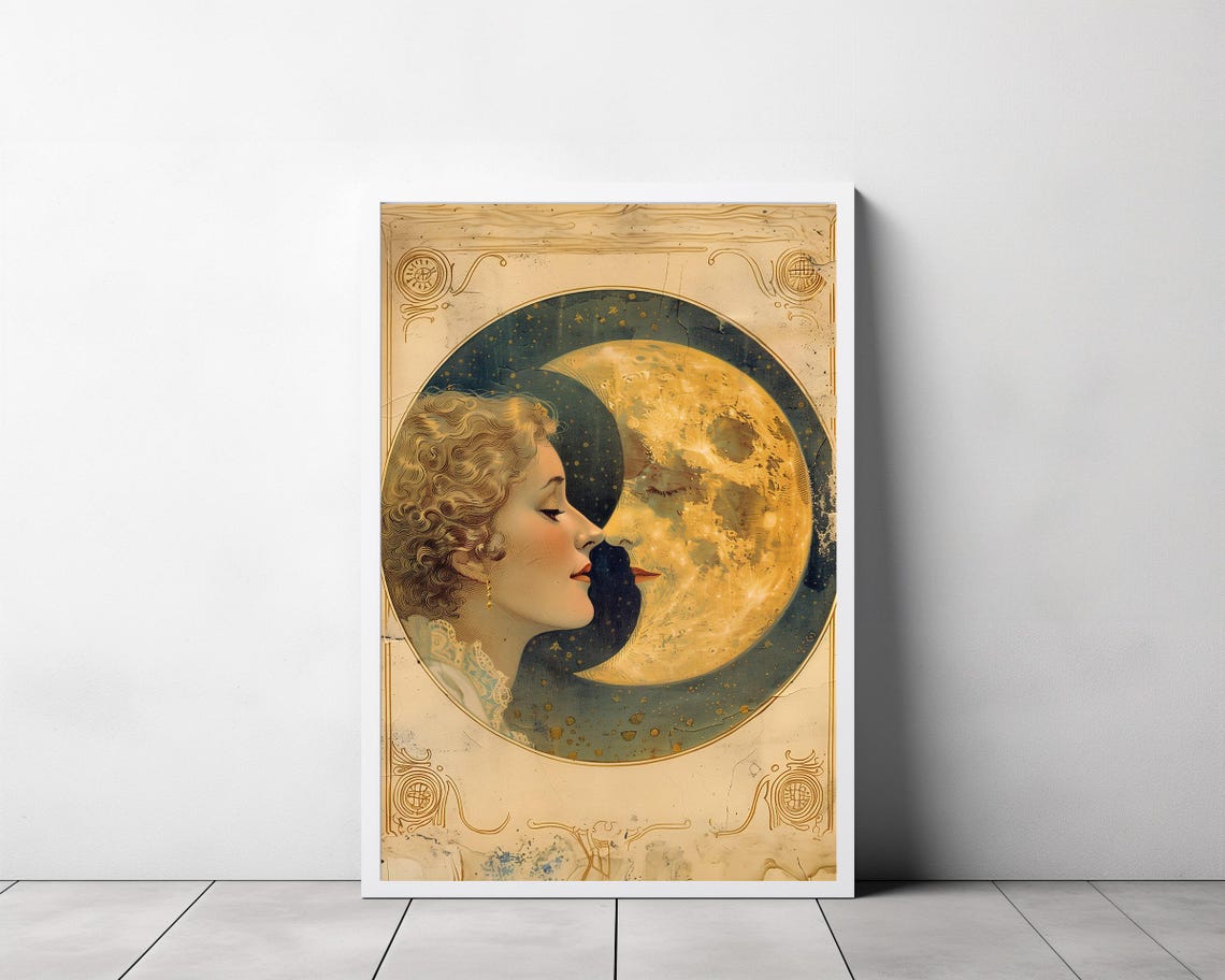 Woman Kissing The Moon Vintage Moon Art Vintage Moon Poster Celestial Art Dear Old Dixie Moon Moon Witch Art - Image 3