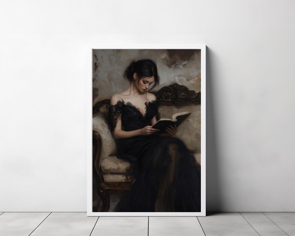 Victorian Lady in a Black Gown Reading on a Velvet Chaise Art Poster - Image 3