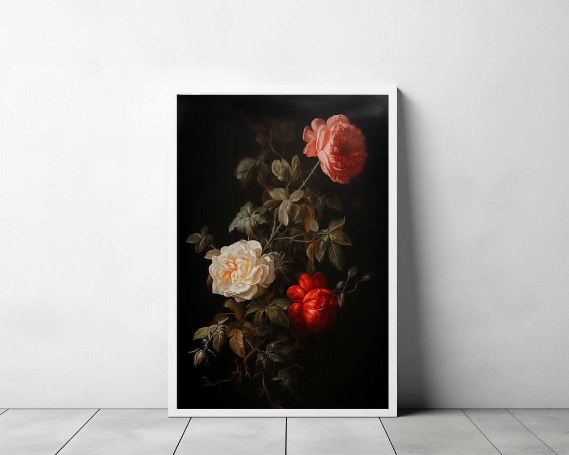 Vintage Moody Dark Flower Print Art Dark Academia Botanical Wall Art Floral Still Life Oil Painting - Image 3