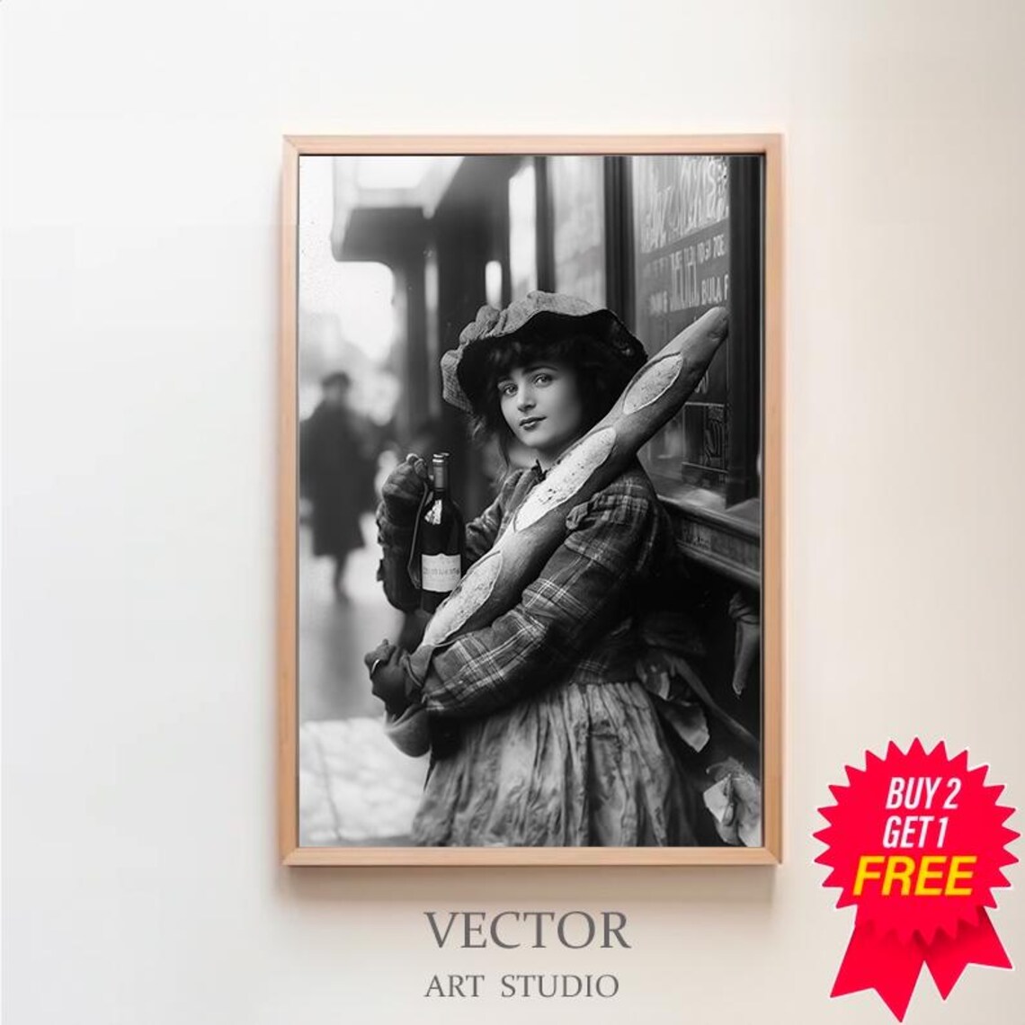 Vintage Parisian Woman with Baguettes and Wine Bottle Photo Poster