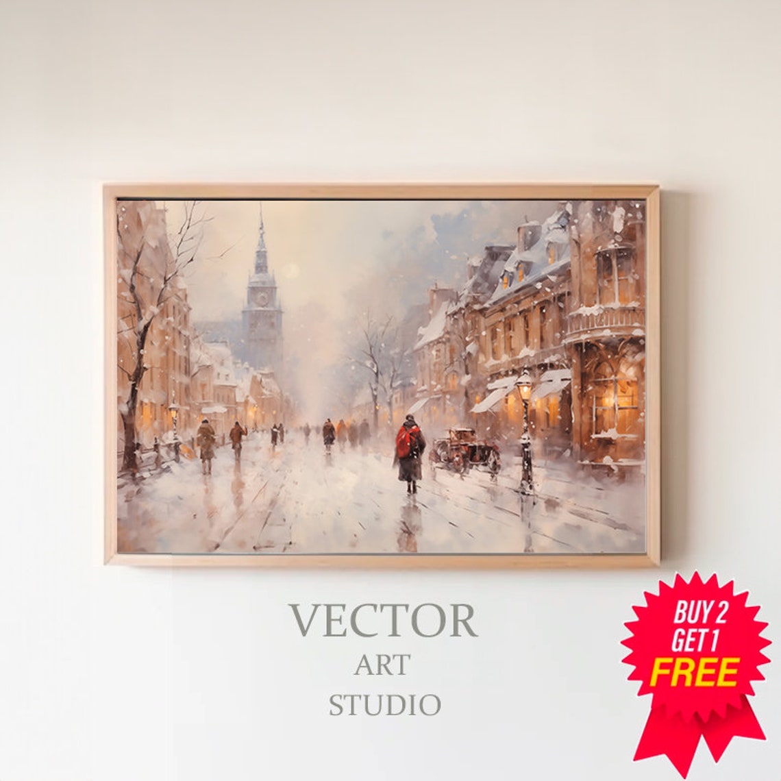 Snowy European Street Scene With Clock Tower at Night Poster