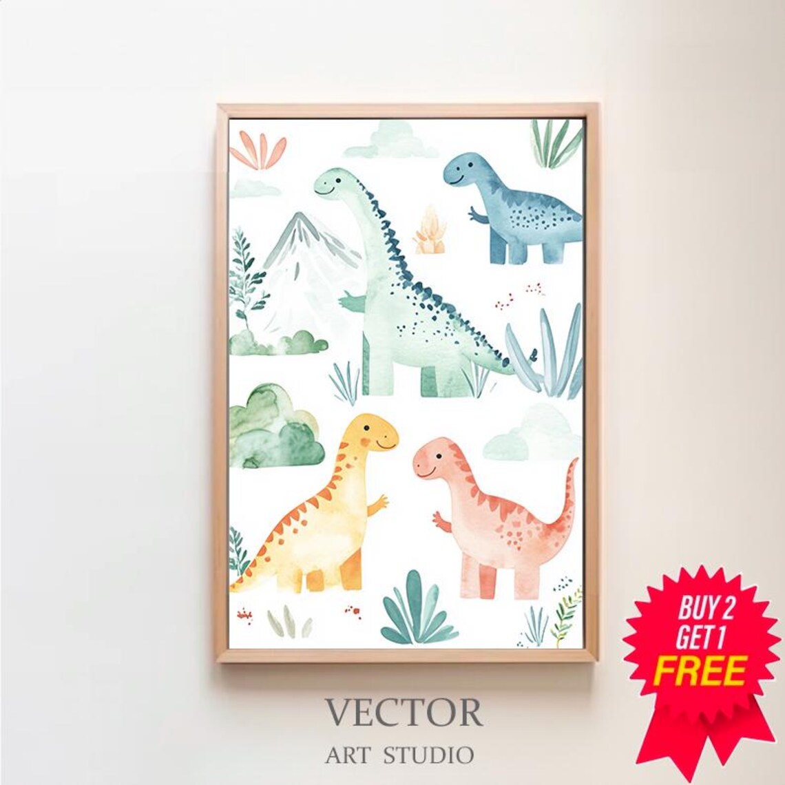 Four Cute Baby Watercolor Dinosaurs on a Clean Kids Nursery Wall Art