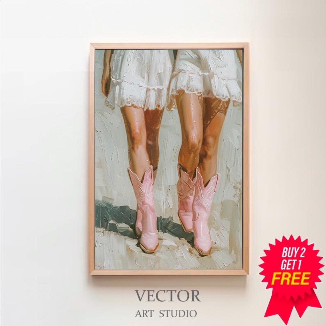 Pink Cowboy Boots Walking in Flowing White Dresses Painting Poster