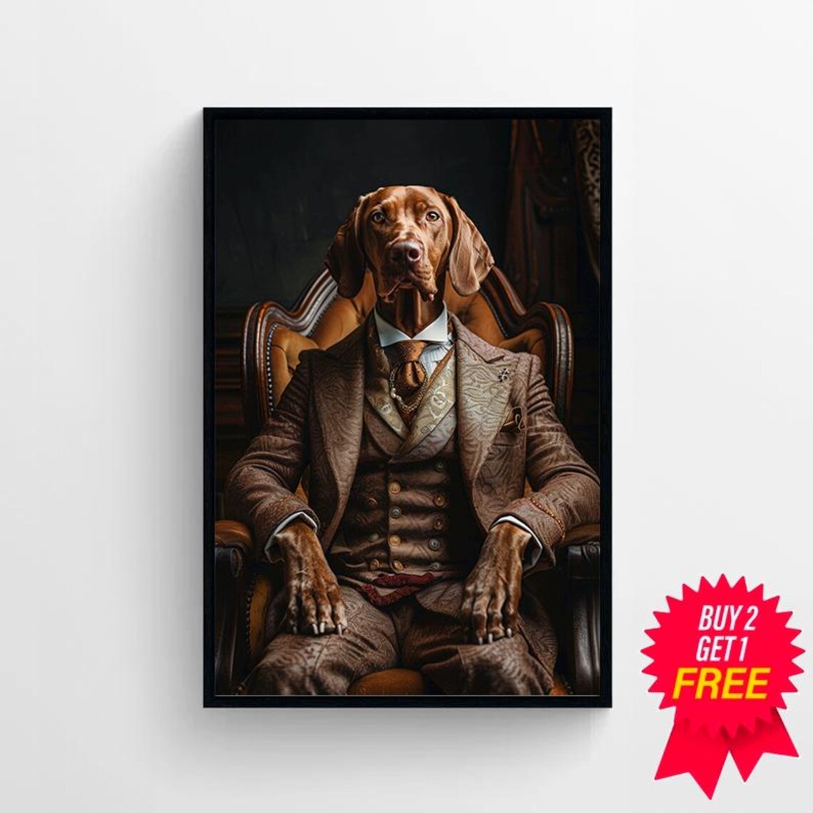 Vizsla in Brown Victorian Suit Leather Chair Portrait Poster - Image 4