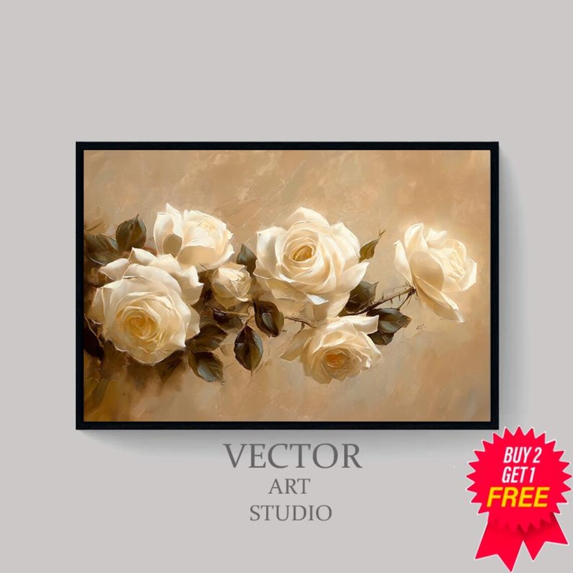 White Cream Roses Blooming Branch Vintage Neutral Floral Art Poster - Image 4
