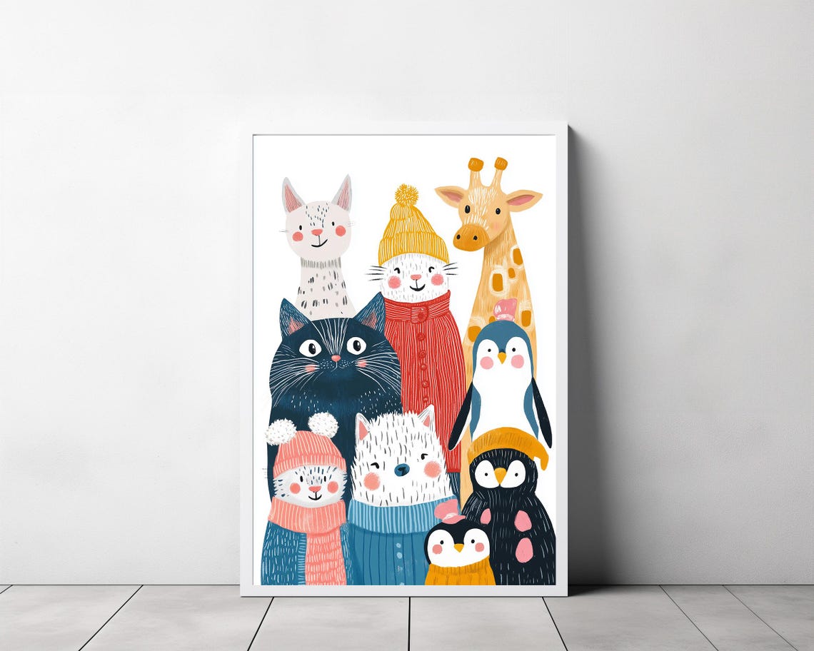 Cute Cartoon Animals Bundled in Winter Sweaters Kids Room Wall Art - Image 3