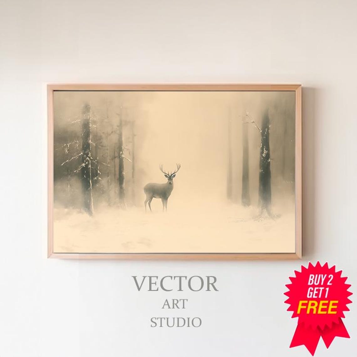 Deer In Misty Winter Forest Foggy Neutral Wildlife Painting Poster
