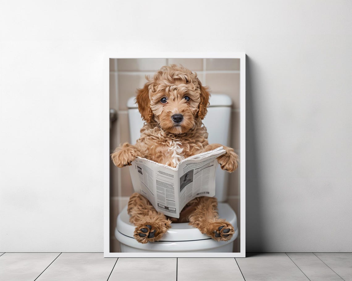 Cockapoo Puppy on Toilet Reading Newspaper Funny Bathroom Art Print - Image 3