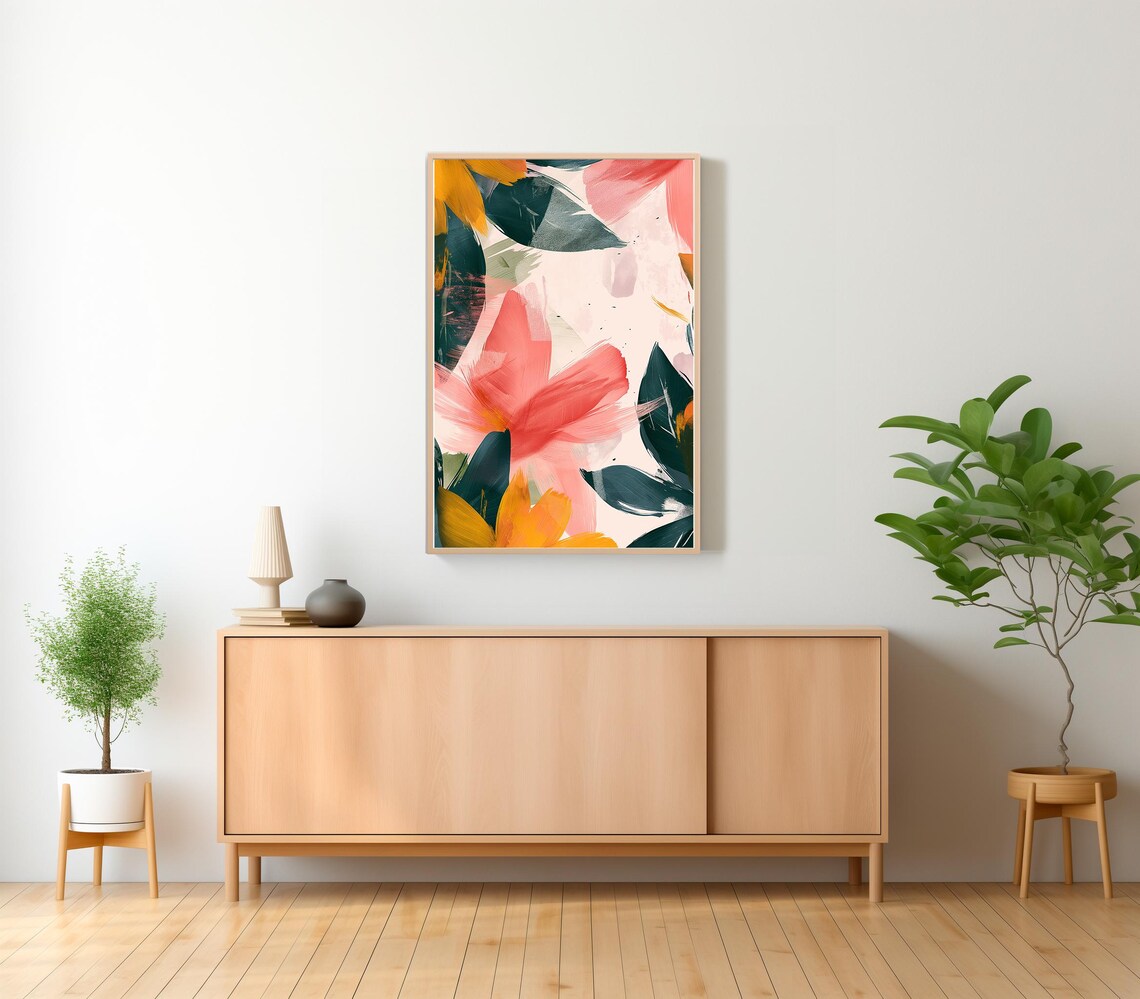 Bold Brushstroke Floral Abstract in Coral Pink and Green Poster - Image 2