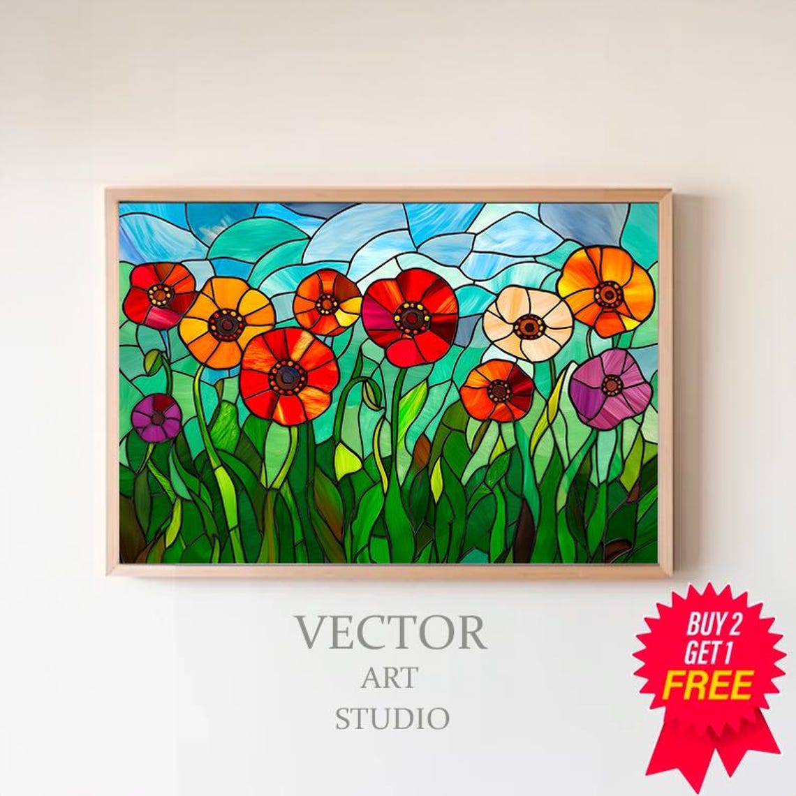 Stained Glass Poppies In Red Orange And Purple Floral Poster