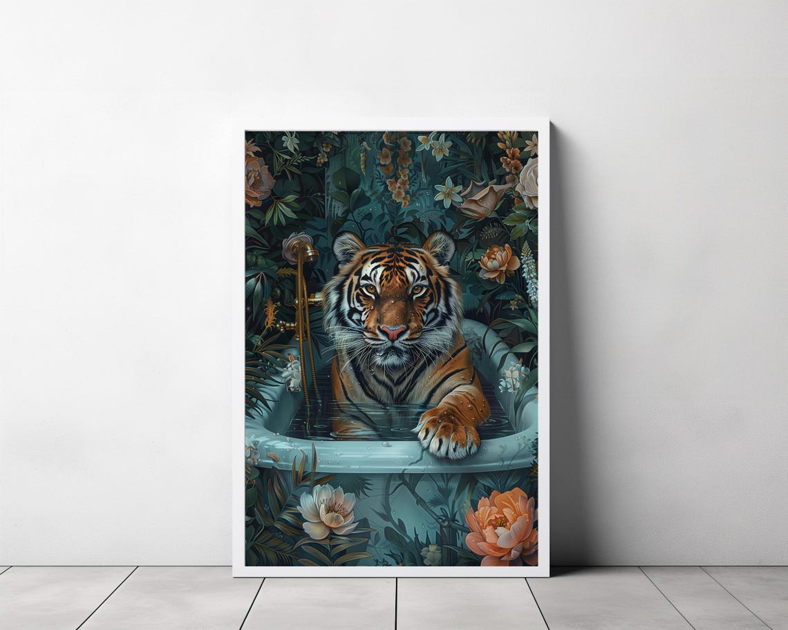Tiger Bathing in Light Blue Bathtub Lush Floral Jungle Poster - Image 3