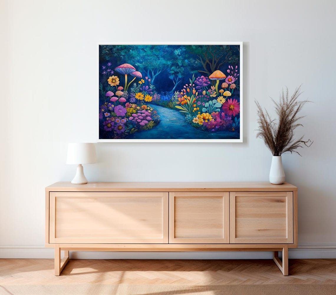Moonlit Enchanted Garden With Glowing Mushrooms Night Poster - Image 2