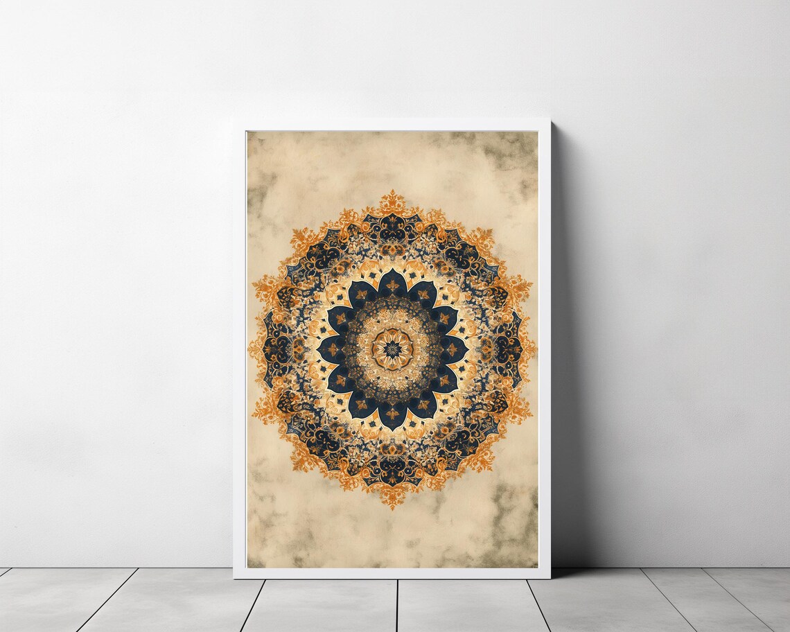 Navy Blue And Gold Mandala On Vintage Parchment Decor Art Poster - Image 3