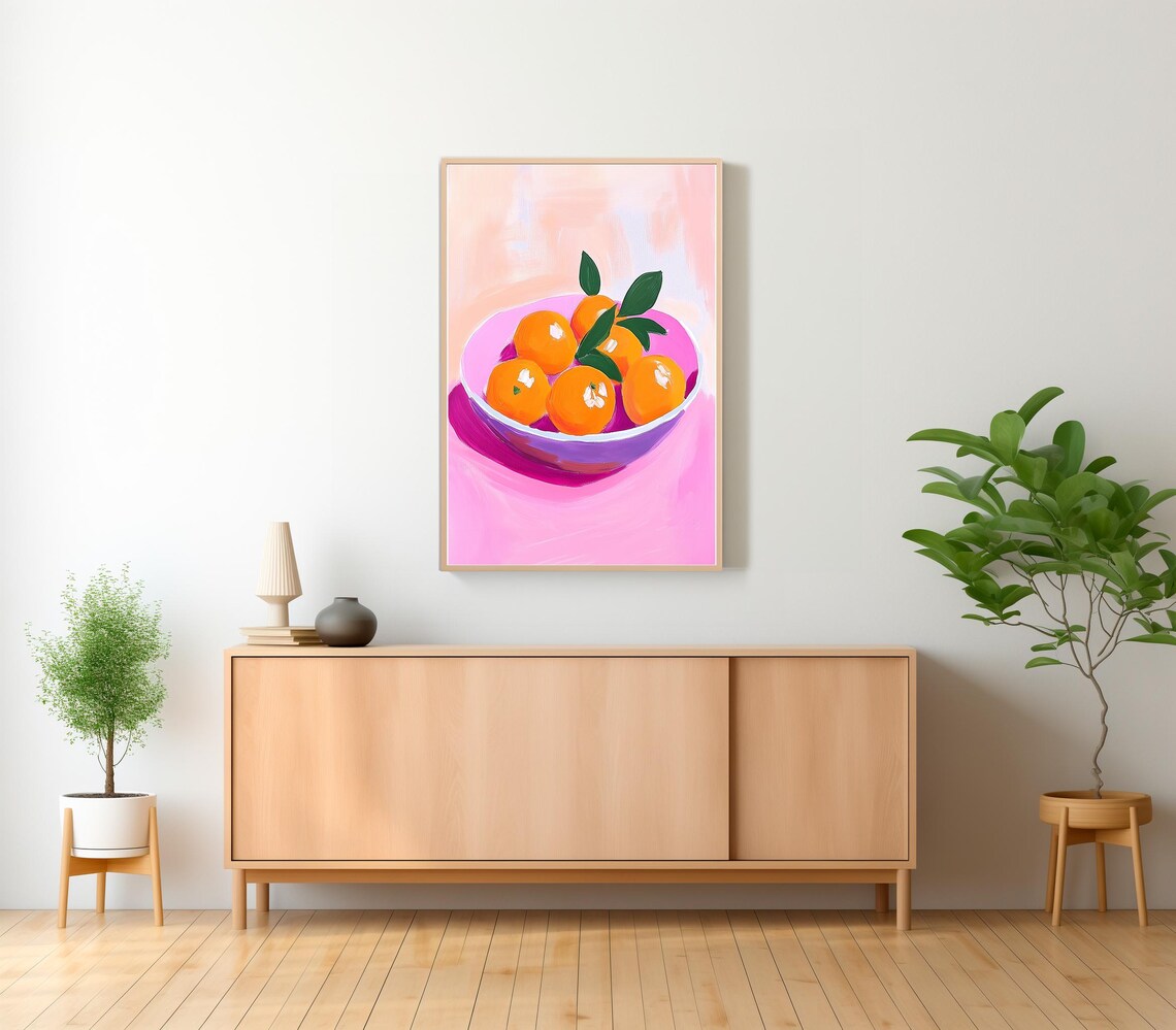 Colorful Oranges Painting Kitchen Food Art Print Summer Citrus Pastel Fruit Wall Decor Pink Dining Room - Image 2