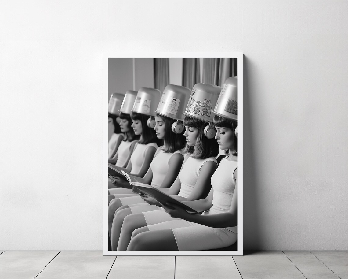 Row of Women with Decorated Vintage Salon Hair Dryers Photo Poster - Image 3