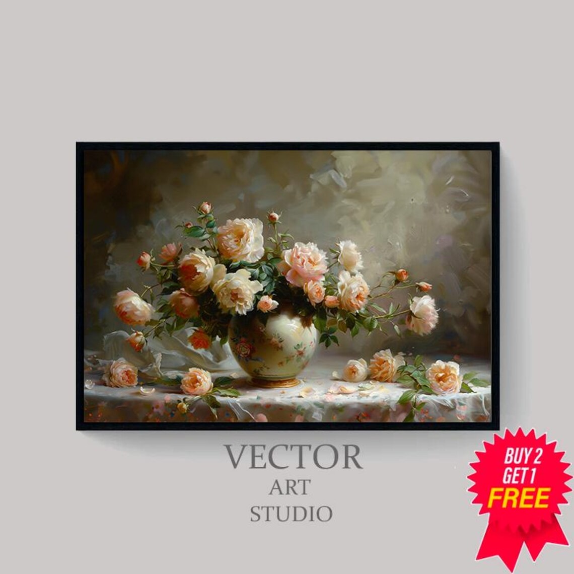 Cream Roses in Painted Vase Moody Still Life Vintage Floral Poster - Image 4