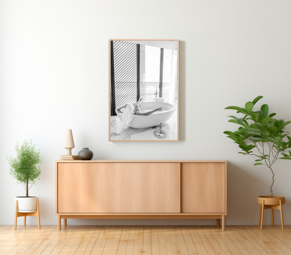 Woman Relaxing In Marble Bathtub With Wine Glass Black And White Poster - Image 2