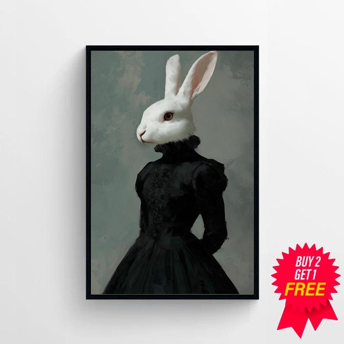White Rabbit in Black Victorian Dress Gothic Portrait Poster - Image 4