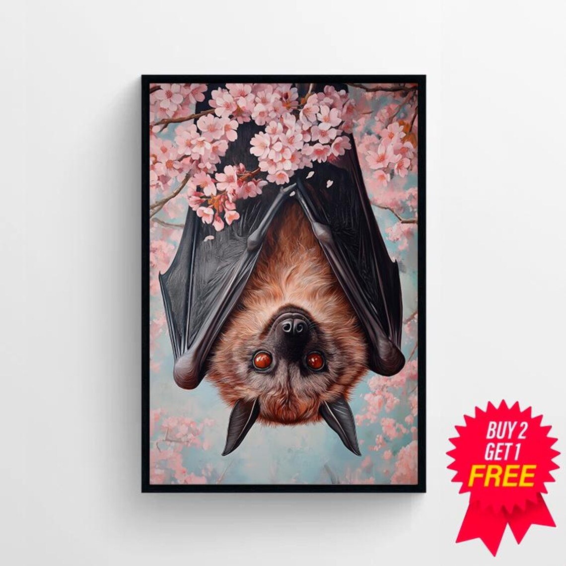 Flying Fox Bat Face Close Up in Cherry Blossoms Painting Poster - Image 4