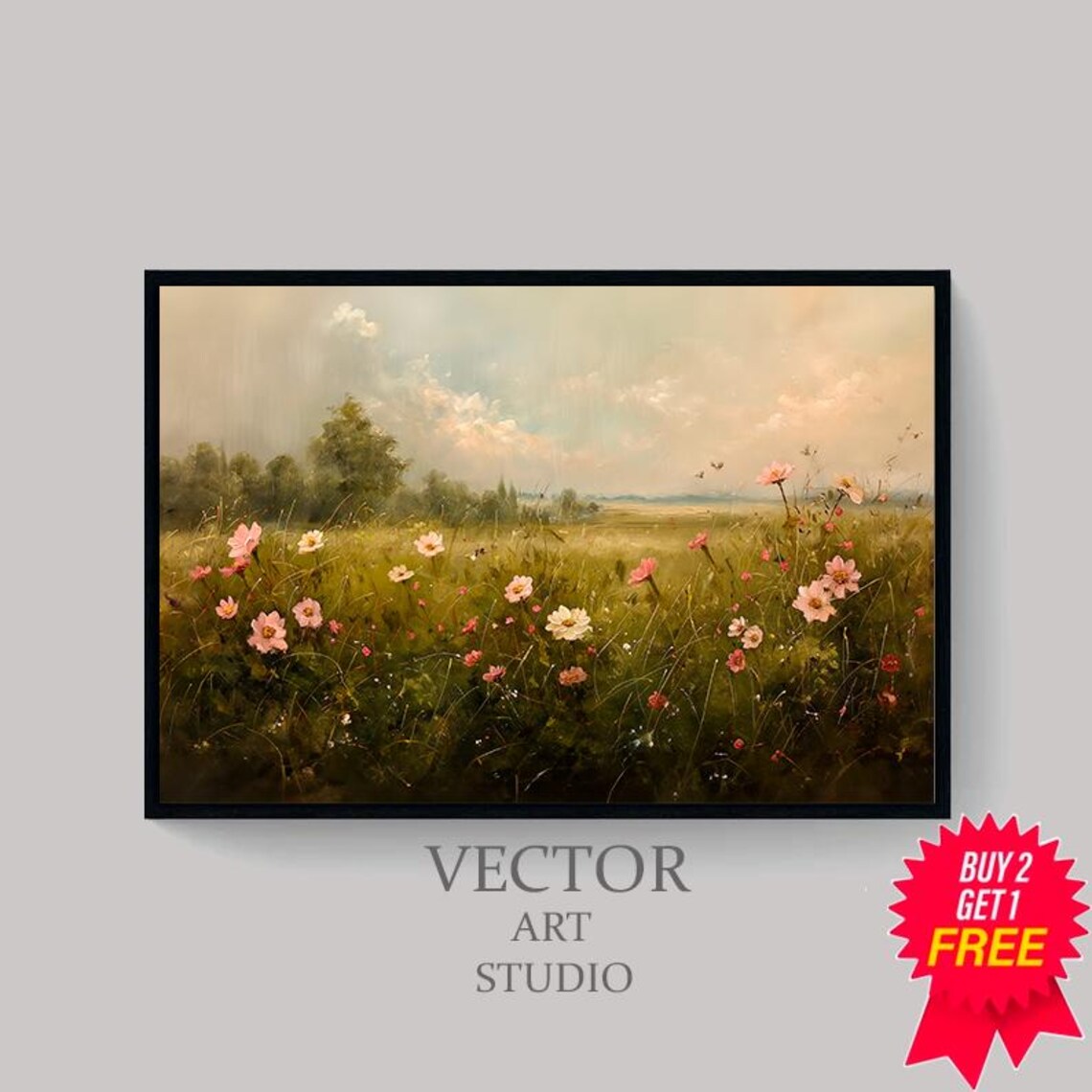Spring Wildflower Meadow Vintage Oil Painting Landscape Poster - Image 4