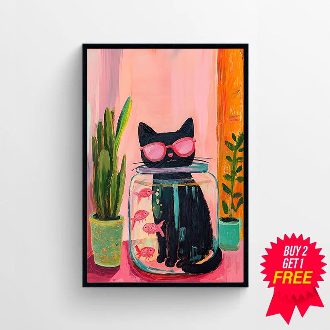 Playful Black Cat Wearing Pink Sunglasses Inside a Fish Bowl Poster - Image 4
