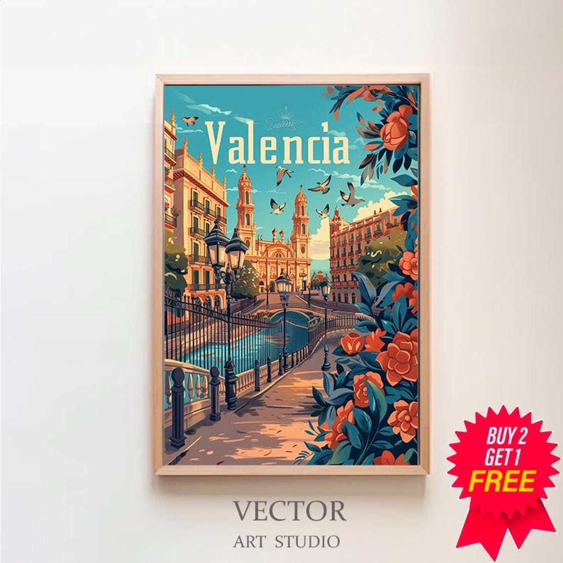 Valencia Spain Retro Travel Poster With Cathedral Turquoise Sky