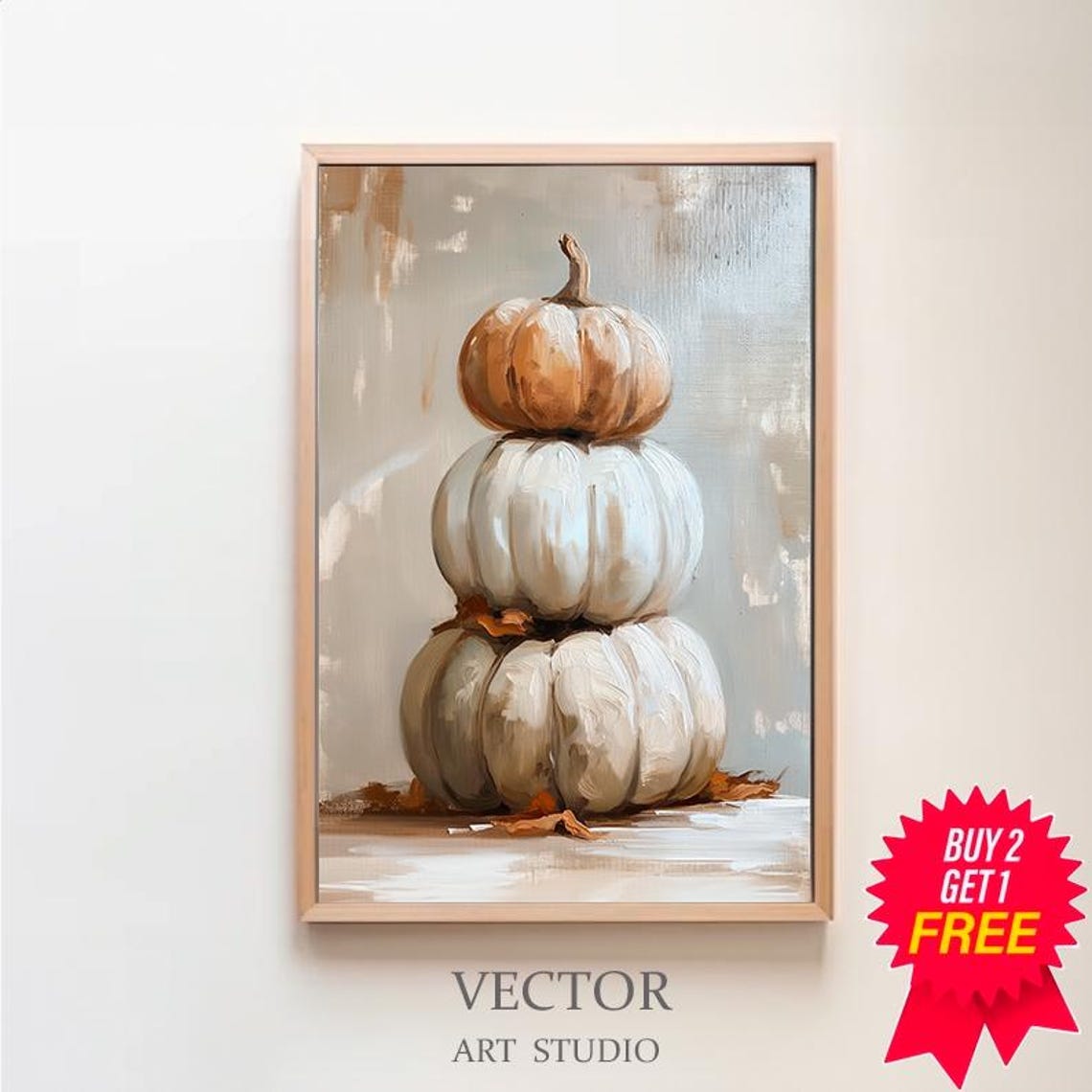 Stack of Three Tan and White Pumpkins in Fall Still Life Art Poster