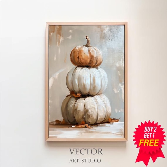 Stack of Three Tan and White Pumpkins in Fall Still Life Art Poster