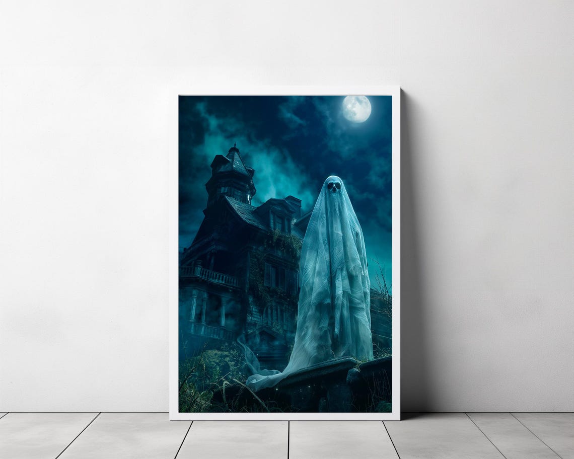 Ghost Standing By Haunted Mansion Under Full Moon Halloween Poster - Image 3