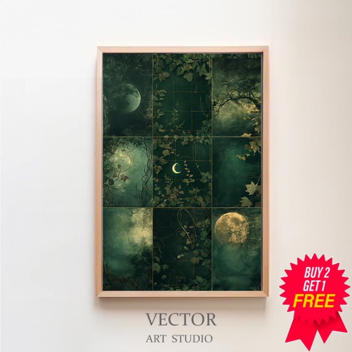 Moody Moon Phases Nine Panel Dark Green Botanical Night Poster