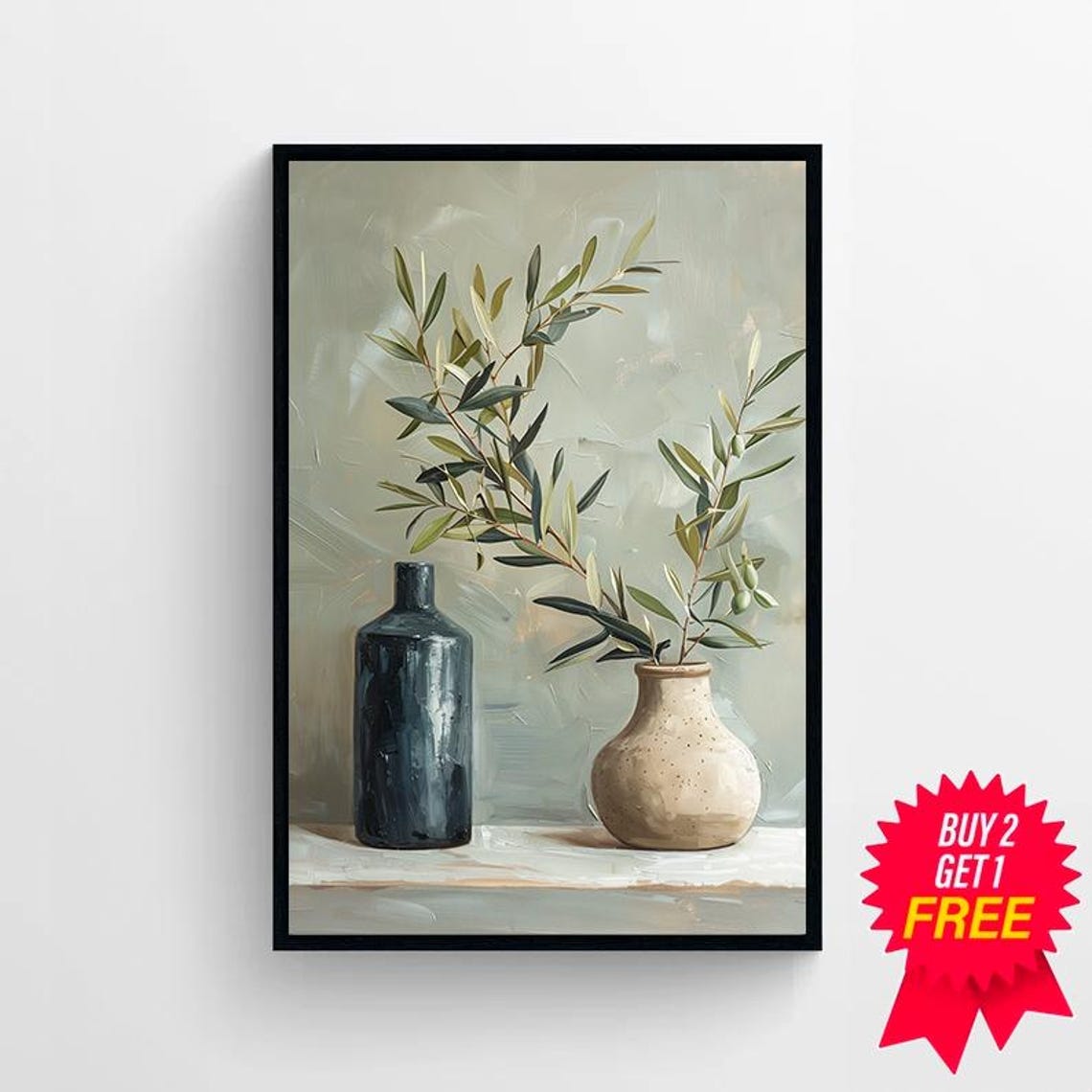Tall Olive Branches in Two Ceramic Vessels Still Life Poster - Image 4