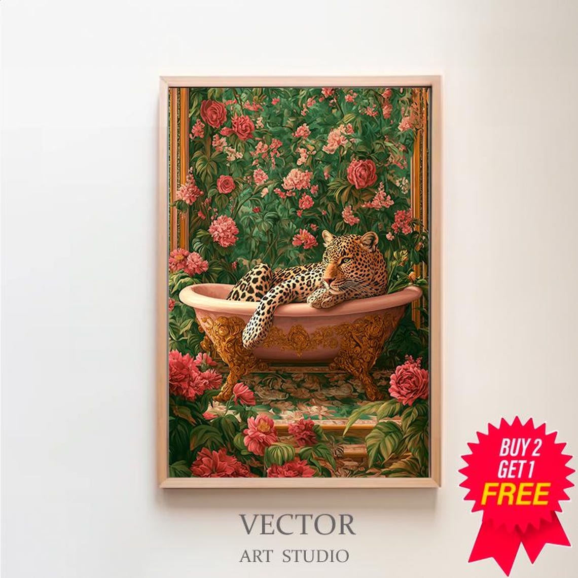 Leopard Lounging in a Pink Bathtub Surrounded by Roses Animal Poster
