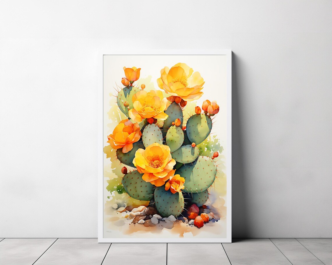 Golden Yellow Prickly Pear Cactus Blooms in Watercolor Poster - Image 3