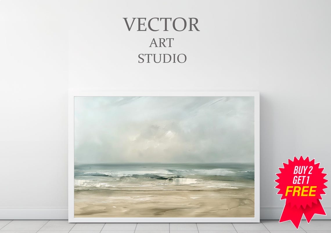 Serene Misty Ocean Shoreline Beach Waves Neutral Coastal Wall Art - Image 3