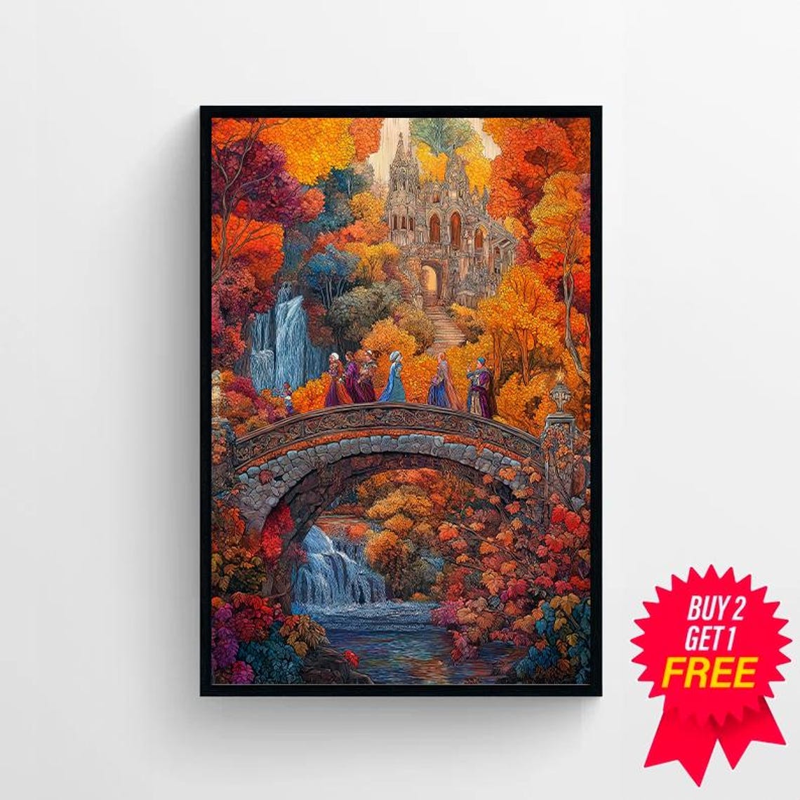 Autumn Bridge Fellowship Gothic Abbey Waterfall Fantasy Poster - Image 4