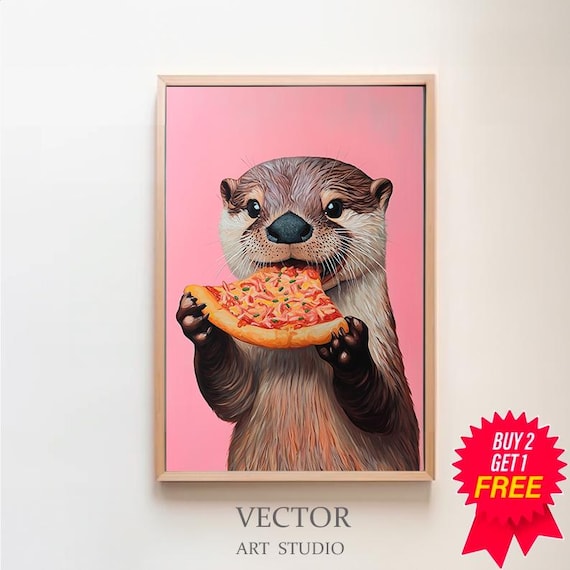 Otter Biting into a Pizza Slice on Pink Background Funny Animal Poster